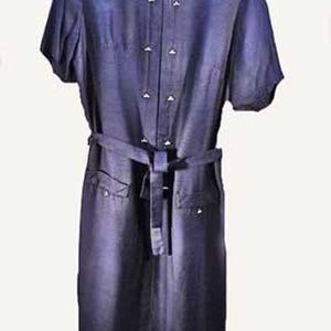 DRESS 1957, MEDIUM BLUE, MISSES MEDIUM, RECTANGULAR BUTTONS, FABRIC BELT, HAROLD